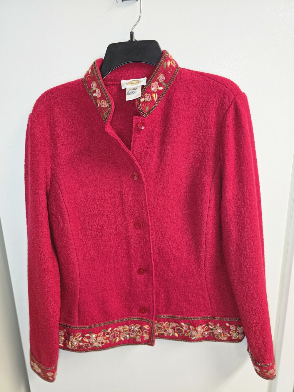 Talbots Vintage Red 100% Wool Beaded Floral Embroidered Button Jacket Medium M